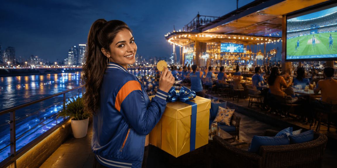 Cricket fans placing bets alongside Ahmedabad Riverfront with lively atmosphere