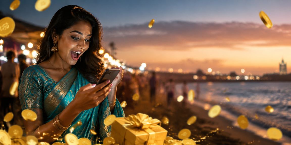 Teen Patti player enjoying mobile game near Chennai's Marina Beach