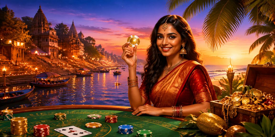 Teen Patti game visuals near Varanasi ghat with river backdrop